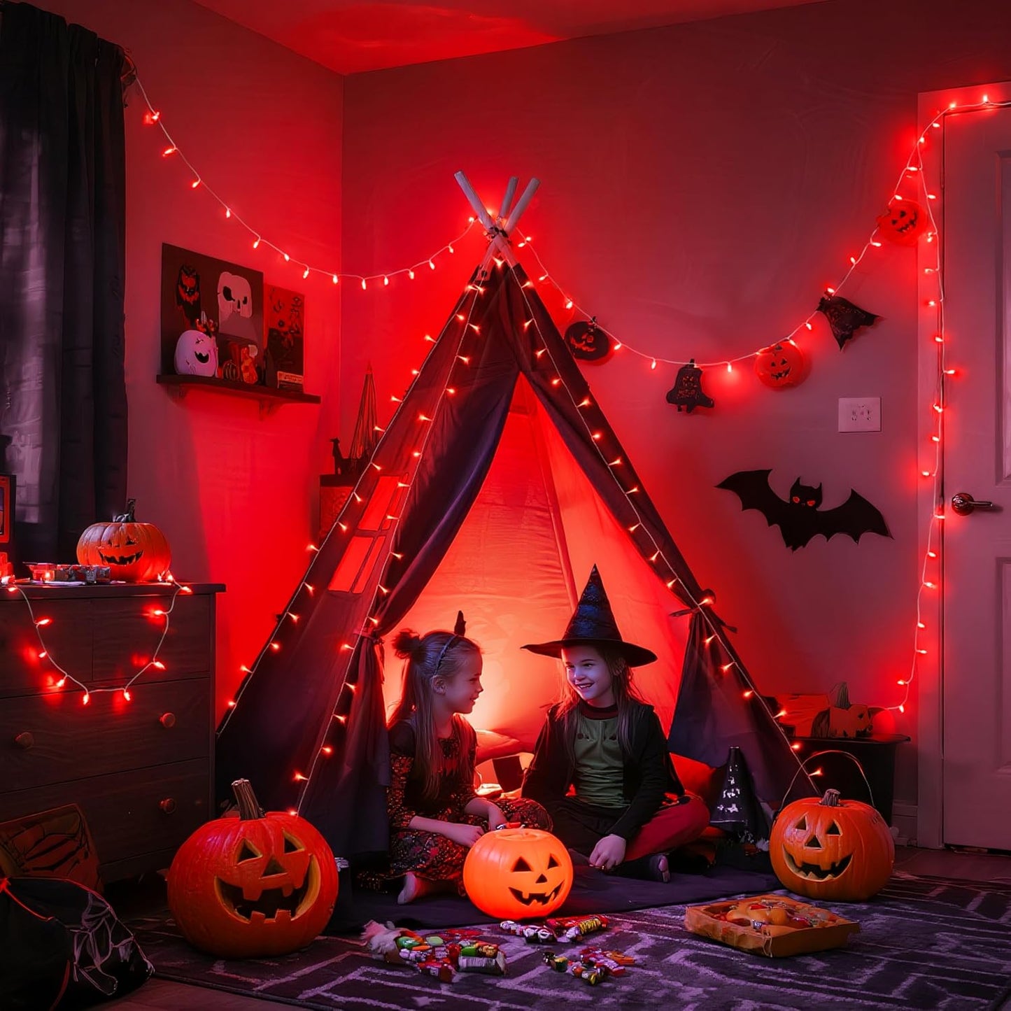 JMEXSUSS 600 LED Red Halloween Lights Outdoor Indoor, 168Ft Red Christmas String Lights Plug in Clear Wire, Light for Halloween Tree Outside Room Christmas Party Decorations