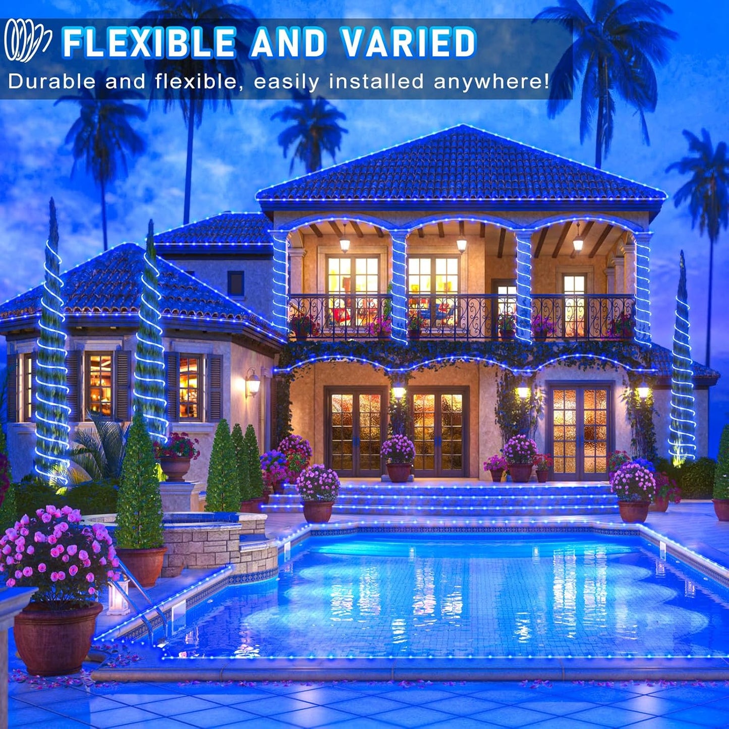 Rope Lights Outdoor, 66FT 200 LED Rope Lights for Outside Waterproof with 8 Modes, Plug in Connectable Clear Tube Light for Indoor, Garden, Backyard, Patio, Pool, Tree, Holiday Decorations - Blue