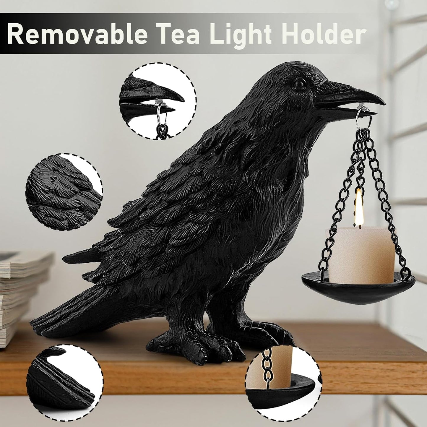 Raven Gothic Home Decor Fake Crow Light Holder Raven Lamp Tealight Candle Holder Resin Raven Statue 3PCS