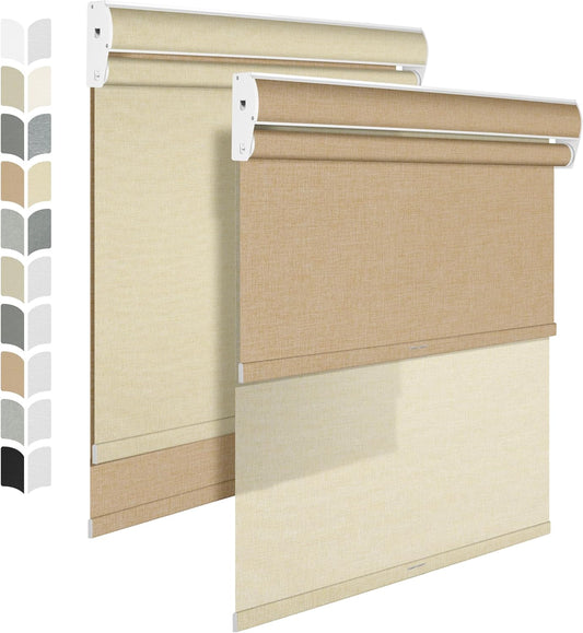 BERISSA Dual Roller Shades with Cassette Valance, Double Blackout and Light Filtering Shades, Day and Night for Home Office Door. Linen Beige. 24 W x 64" H