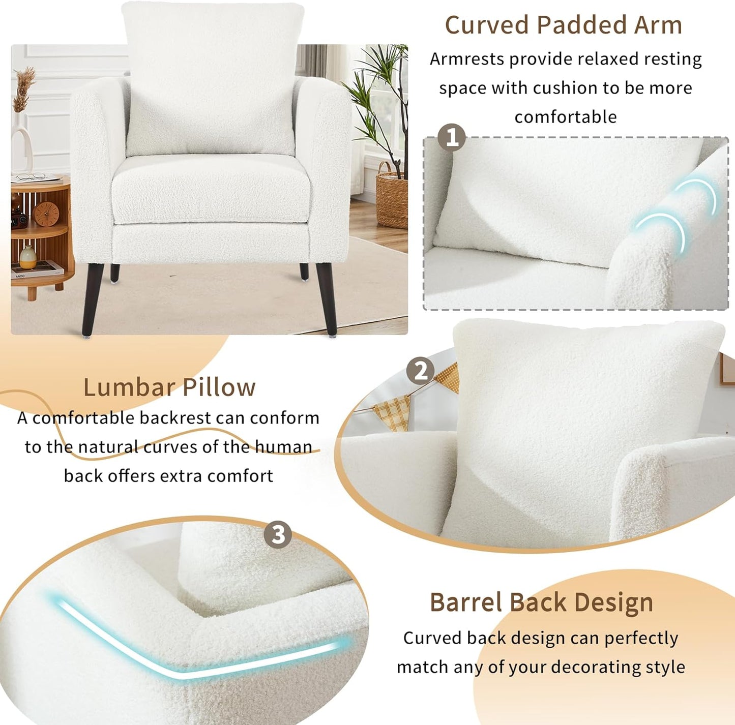 Barrel Accent Chair Set of 2 with Back Pillow, Large Teddy Upholstered Armchair with Solid Wood Legs Modern Reading Chairs for Living Room Bedroom