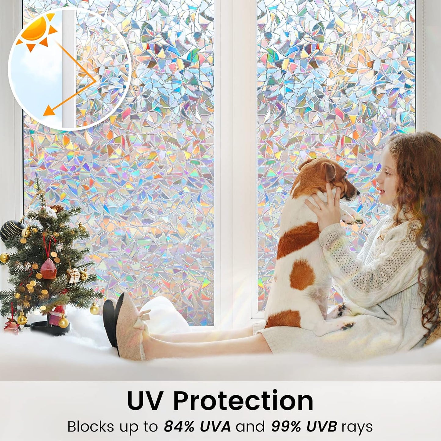 DOWELL Window Privacy Film, Rainbow Window Film, Decorative Stained Glass Clings, Static Cling Door Sticker, Non-Adhesive 3D Decals for Home UV Protection, 23.6 x 118.1 inches