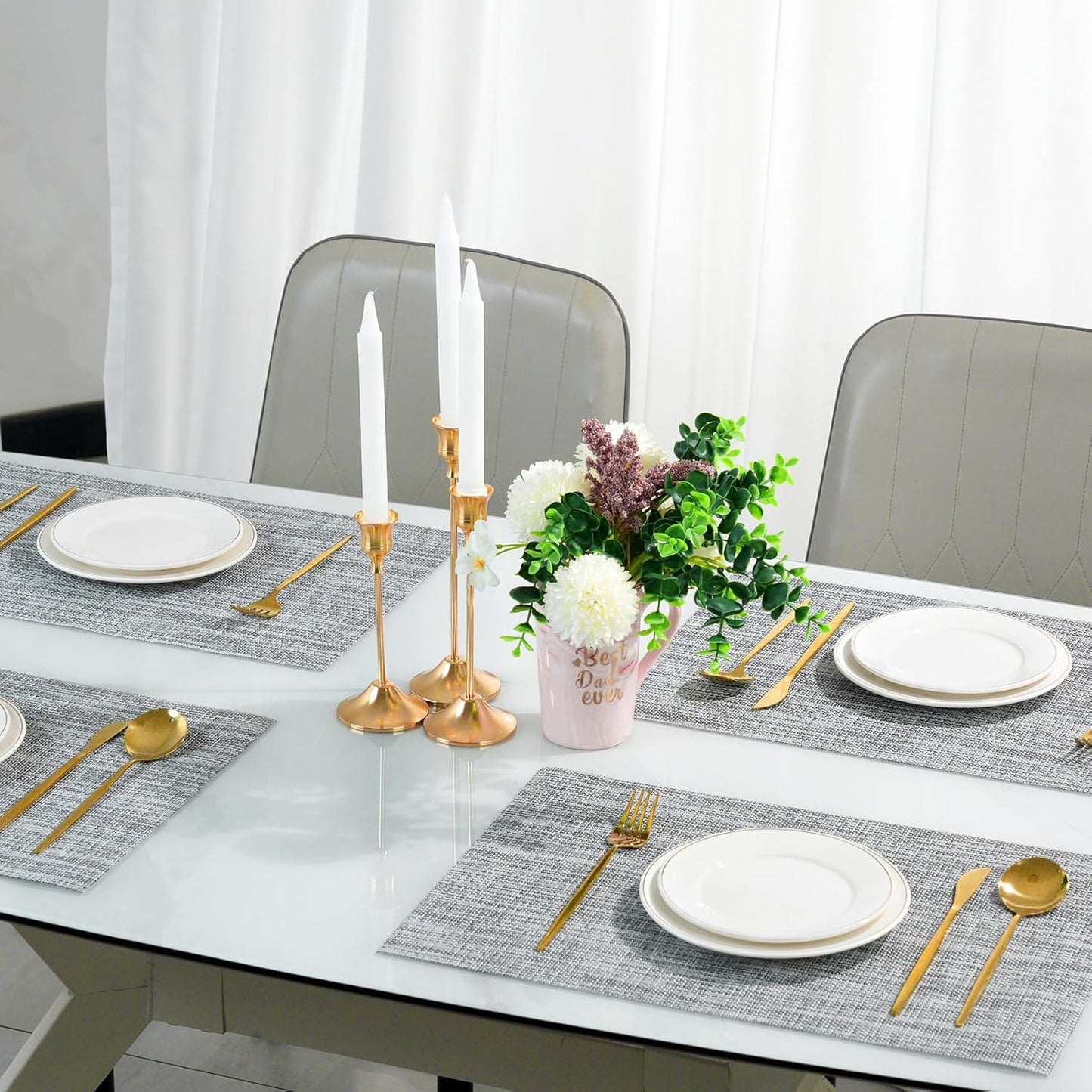 Placemats Set of 6，Non-Slip PVC Weave Table Mats Easy to Clean，Heat Resistant Place Mats for Kitchen Dining Table Decoration Indoor Outdoor，Gray