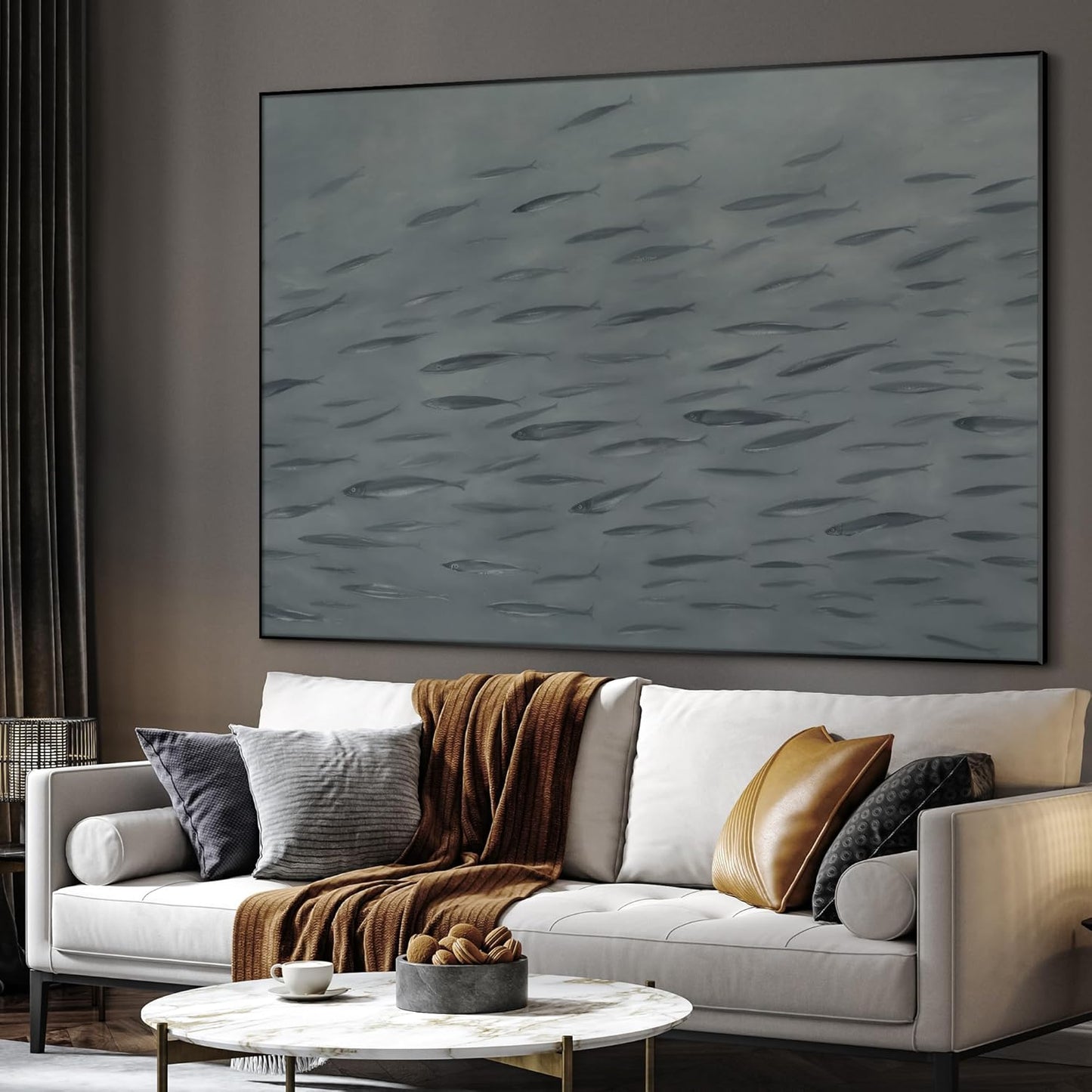 SIGNWIN 60"x72" Extra Large Framed Wall Art Gray School of Fish Minimalist Ocean-Inspired Marine Life Illustration for Home Living Room Bedroom Decor (Frame Assembly Required)