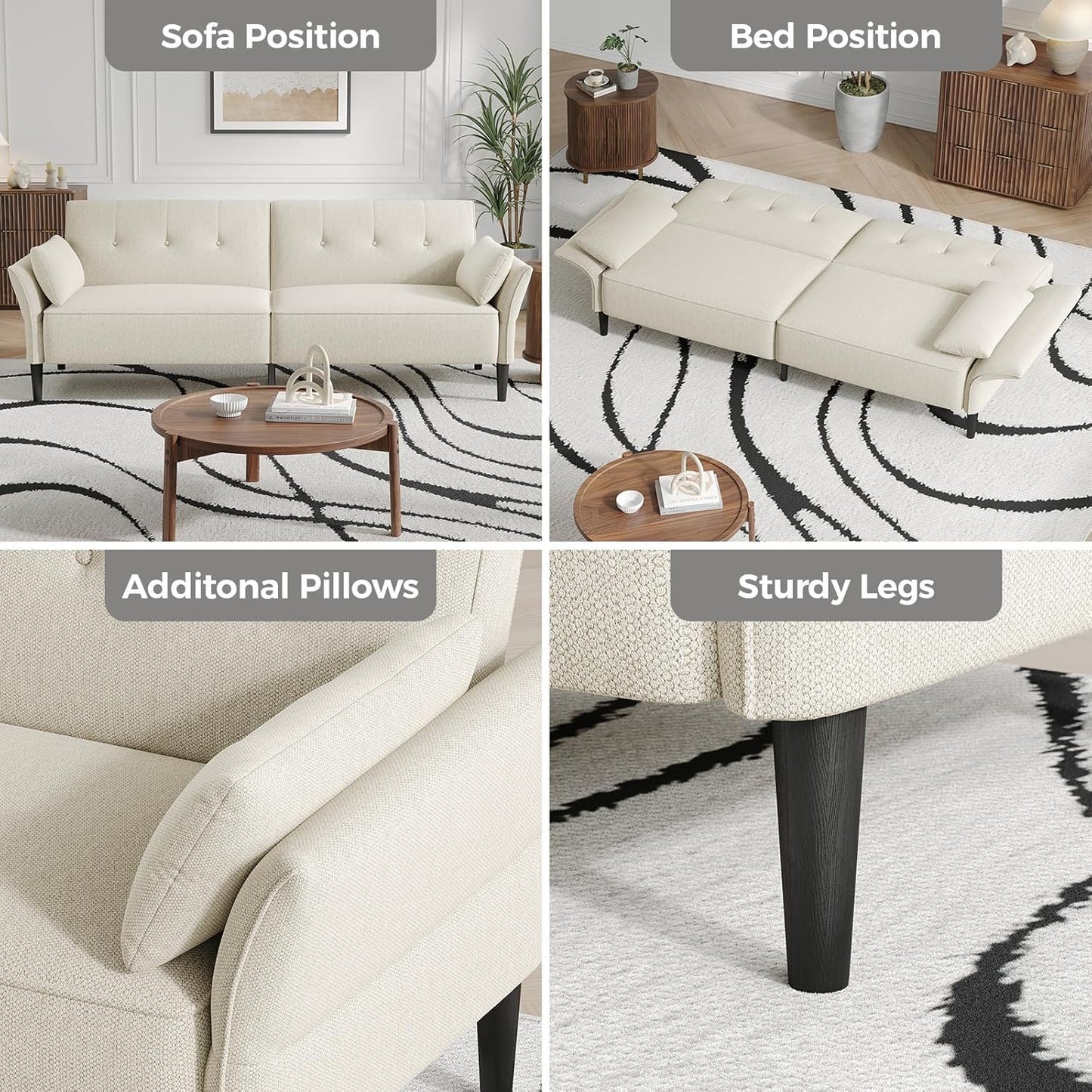 89” Futon Sofa Bed, Linen Comfy Futon Couch Bed with 2 Square Pillows, Convertible Sleeper Sofa with Adjustable Backrest& Armrests, Modern Loveseat Sleeper for Living Room, Bedroom, White