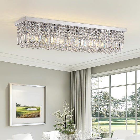 Modern Crystal Chandelier, 8-Lights Rectangle Chandelier Rectangular Flush Mount Pendant Ceiling Light Fixture K9 Crystal Raindrop Chandeliers for Dining Living Room Kitchen Island 𝐋𝟒𝟎 𝐈𝐧𝐜𝐡