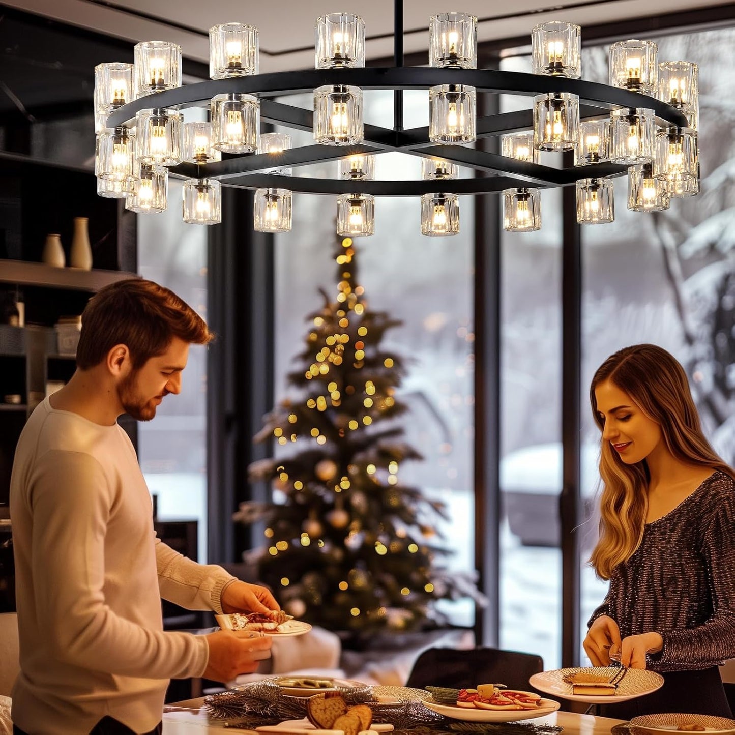 Modern Black Crystal Chandelier,36" K9 Crystal Chandeliers for Dining Room Over Table,Wagon Wheel Chandeliers for Dining Room,Living Room,Foyer,Includes 36XG4 Bulbs