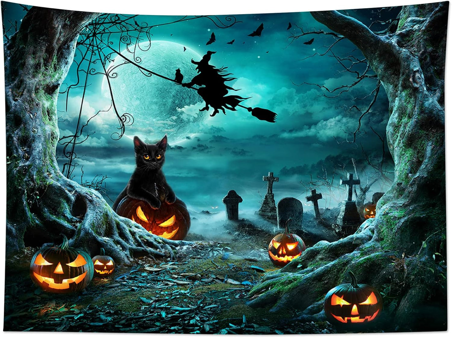 LB Halloween Pumpkin Tapestry Creepy Black Cat Witch Dead Tree in Spooky Graveyard Full Moon Night Halloween Wall Hanging for Bedroom Living Room Dorm Holiday Party Decor 48x36 Inch