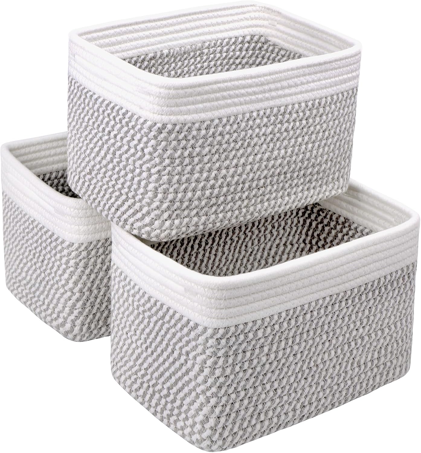 Small Cotton Rope Storage Basket Set of 3-11"x7"x7" Perfect Woven Baskets for Storage, Ideal Storage Baskets for Organizing Toys, Towels, and More - Baskets for Shelves（White & Mixed Grey）