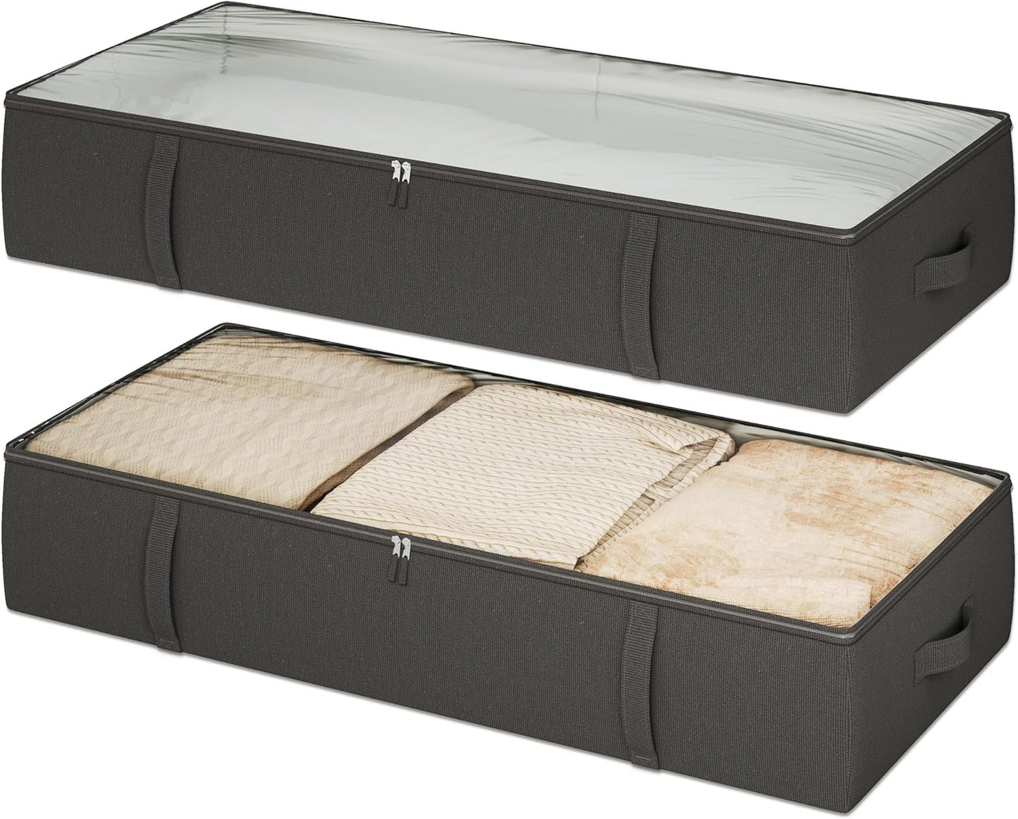 2-Pack Under Bed Storage Containers, 8 Inches Tall Underbed Clothes Storage Organizer Bin with Sturdy Sidewalls/Bottom, Under the Bed Storage Bags 2 Storage Bins, Black