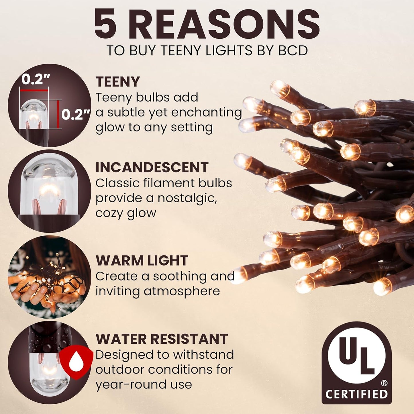 Teeny Lights 50Ct Brown - Warm Mini Bulbs with Brown Cord - Indoor/Outdoor Water-Resistant Farmhouse String Lights for Patio, Wedding, Home Decor, Rustic Christmas