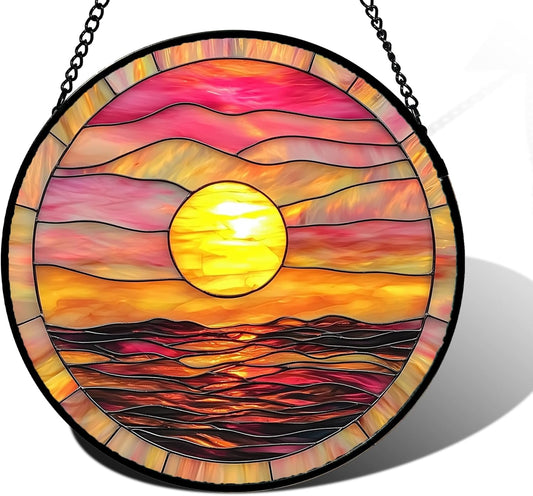 Stained Glass Window Hanging, Sunrise Sea Surface Sun Catchers Diamond Glass Panel Hangings Abstract Suncatcher Decor for Birthday for Women, Men, Wife, Aunt, and Mom 6.3 in
