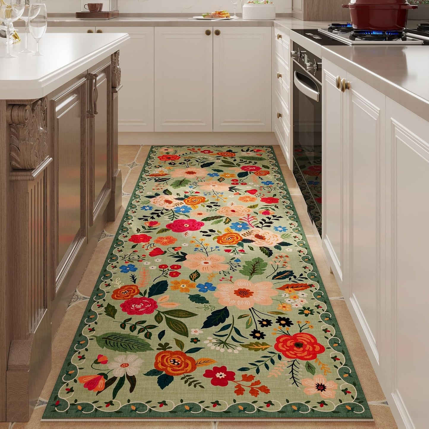 Runner Rug for Hallways Kitchen Rug Non Slip 2'6''x8' Washable Runner Rugs with Rubber Backing Soft Floral Carpet Runner for Hallways, Kitchen, Laundry, Bedroom, Bathroom(Green)