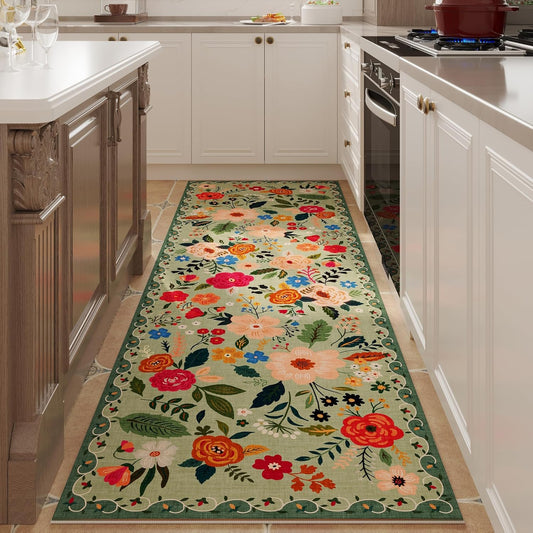 Runner Rug for Hallways Kitchen Rug Non Slip 2'6''x8' Washable Runner Rugs with Rubber Backing Soft Floral Carpet Runner for Hallways, Kitchen, Laundry, Bedroom, Bathroom(Green)