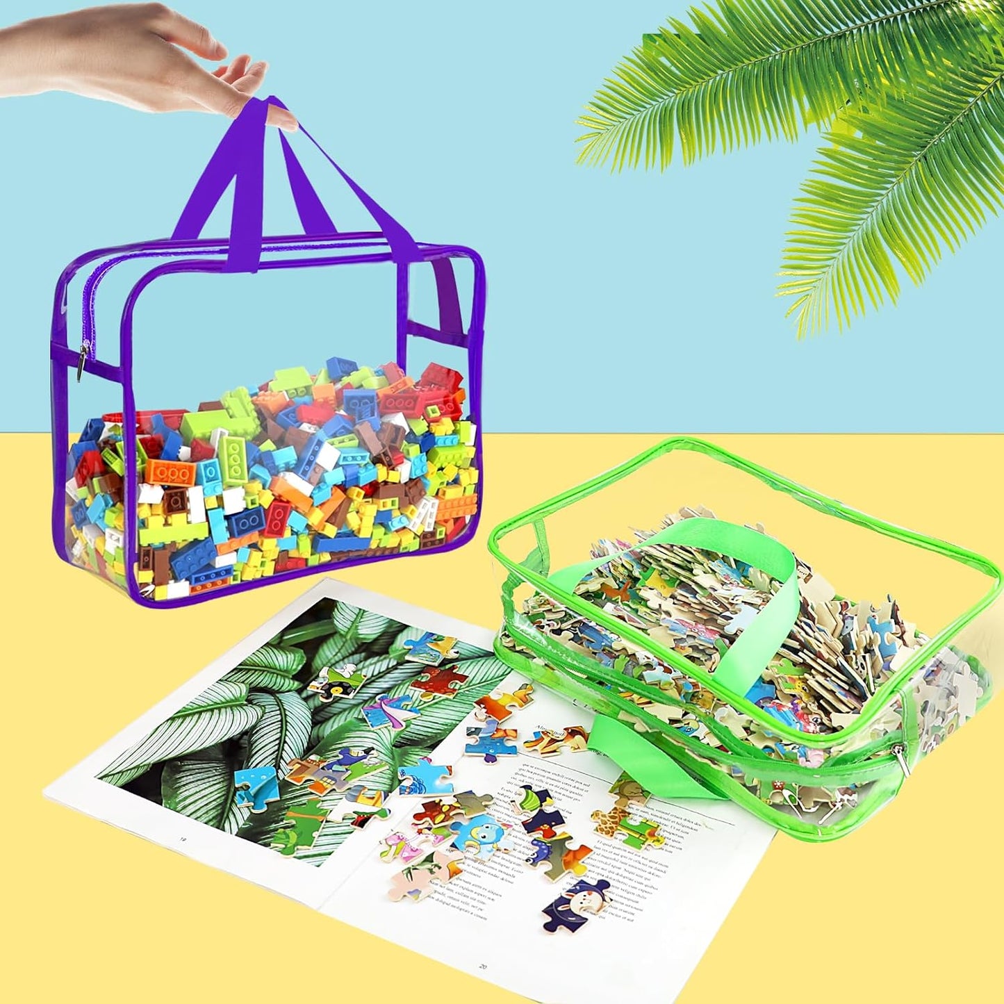 OPELETNNT 6 Color Large Toy Storage Bags with Labels, Reusable Clear PVC Board Game Storage, Travel Waterproof Organizer Bags with Zipper for Building Blocks, Puzzle, Kids Books