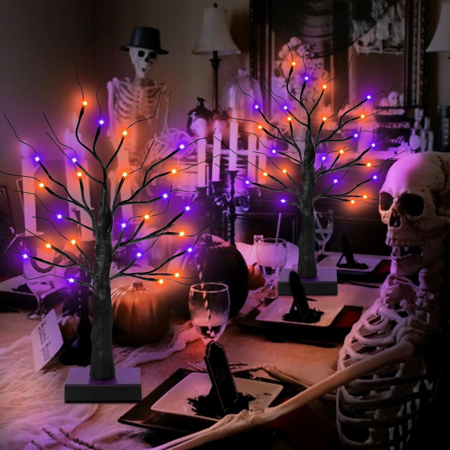 [Timer] 2 Pack 24 Inch Black Halloween Tree with Orange Purple Lights, USB/Battery Operated Light Up Halloween Table Decorations, Spooky Halloween Decorations Indoor Home Mantle Room Party Decor