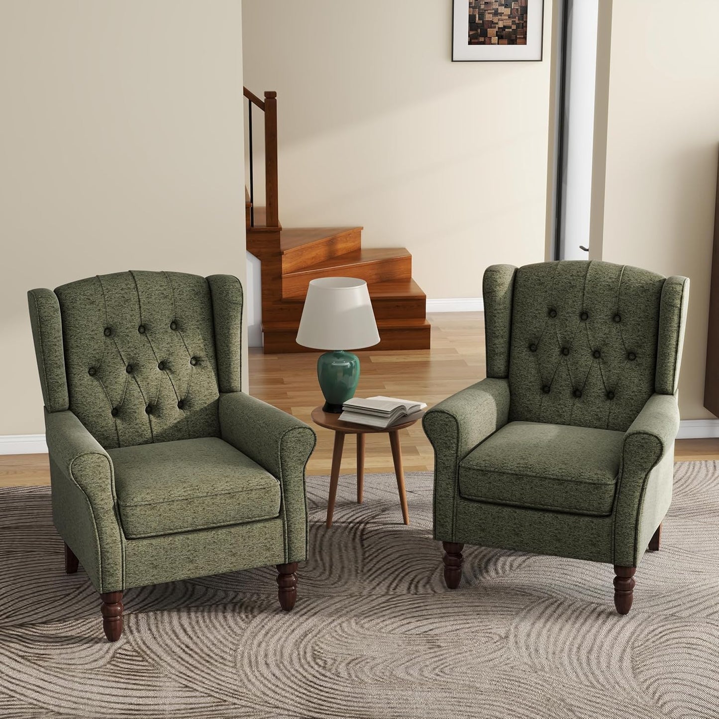 UIXE High Back Accent Chairs Set of 2, Upholstered Armchair in Fabric for Living Room, Retro Wingback Arm Chair Comfy Single Sofa Bedroom Reading Seat with Solid Wood Legs - Green