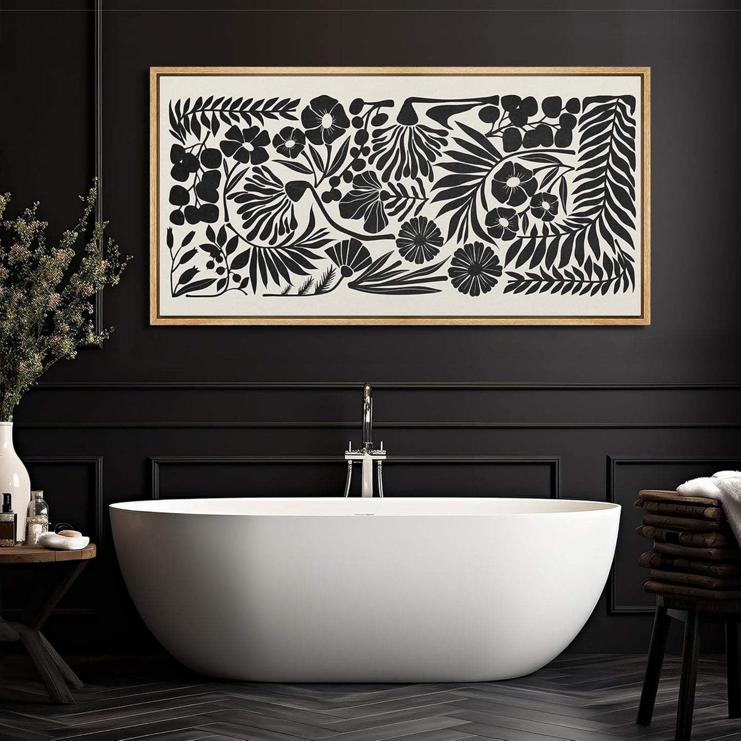 MUDECOR Extra Large Framed Canvas Print Wall Art Monochrome Botanicals Black and White Floral Illustrations Antique Retro Fine Art Illustrations Decorative Colorful for Bedroom - 60"x30"