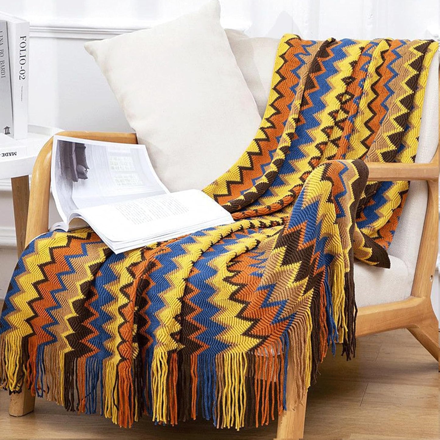 Boho Throw Blanket - Bohemian Fringe Tassels， for Bed Couch Soft ChairBlanket Double Sided (50"x70") (Yellow)