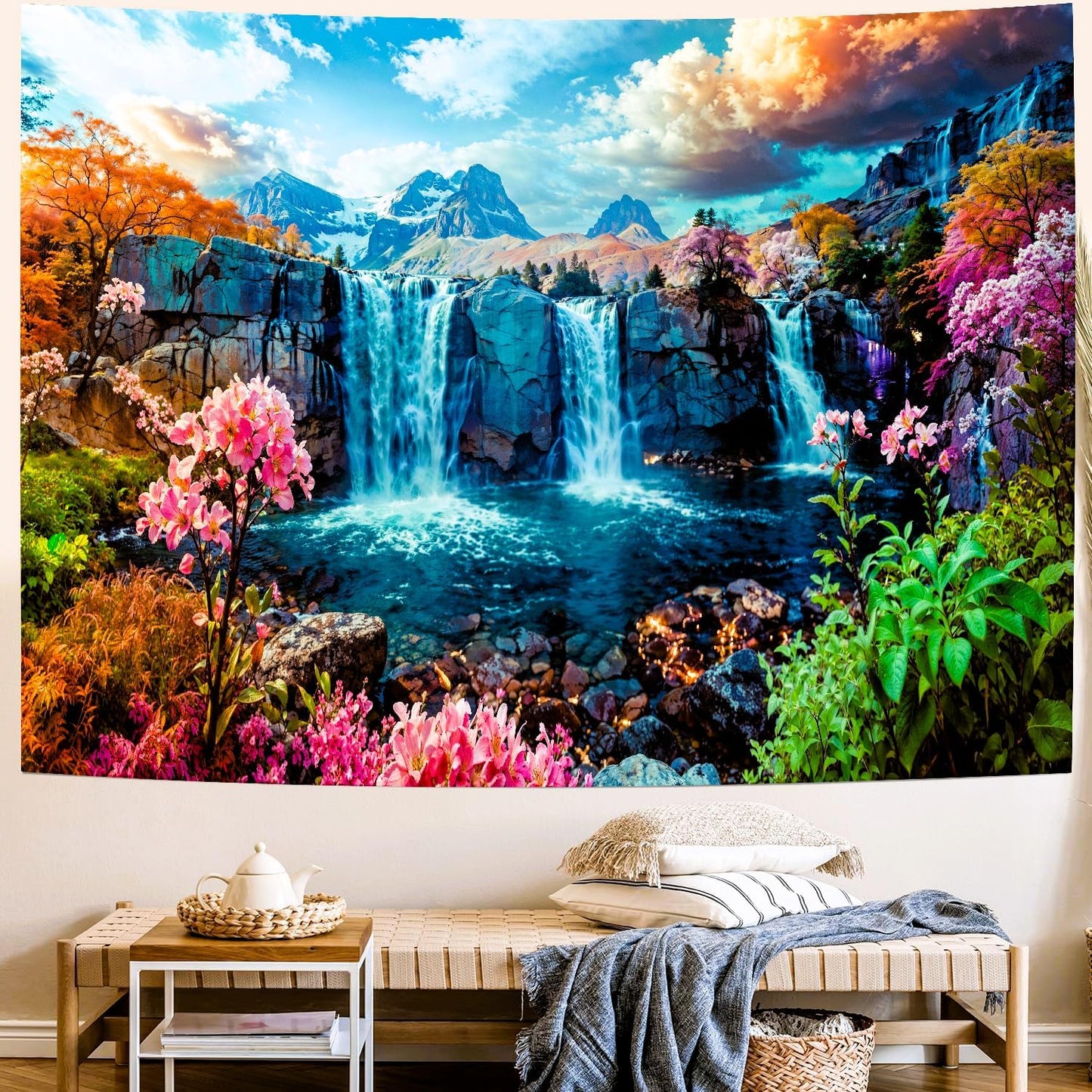 Delur Waterfall Tapestry Tropical Forest Mountain Sunset Tree Wall Hanging Tapestry Scenic Rainforest Landscape Nature Sunrise Headboard for Bedroom Living Room Home Decor (70.8" x 92.5")