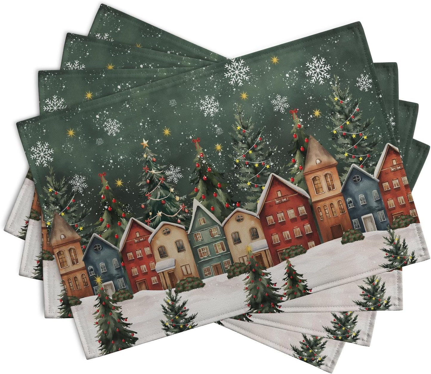 Christmas Placemats 12x18 Inch Set of 4, Winter Xmas Tree Wonderland Forest Village Town House Snowflake Linen Table Mats Washable Place Mats for Party Kitchen Dining Outdoor Indoor Decor