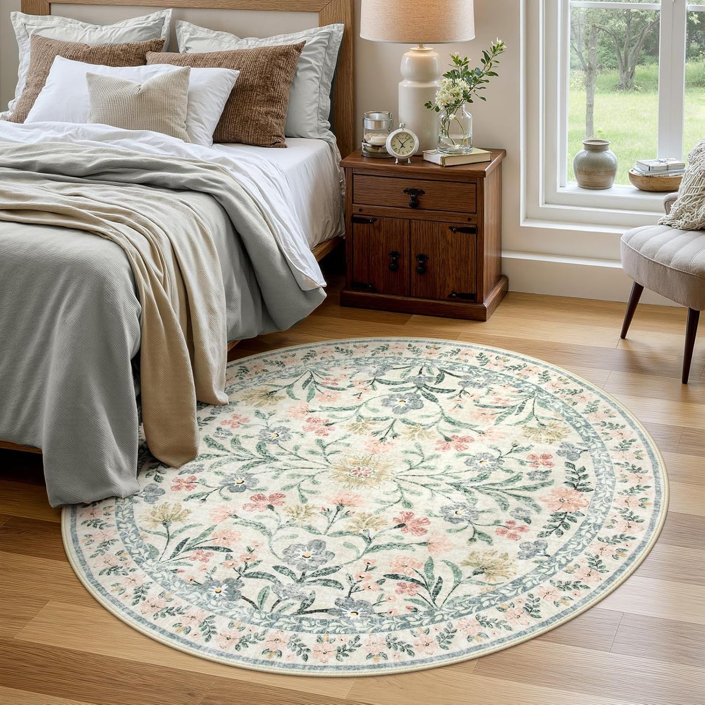 Wonnitar Round Washable Rug, Soft Floral Round Rugs 5ft Circle Carpets for Bedroom Ultra-Thin, Boho Beige Print Distressed Circular Carpet for Living Room Dorm Bedside