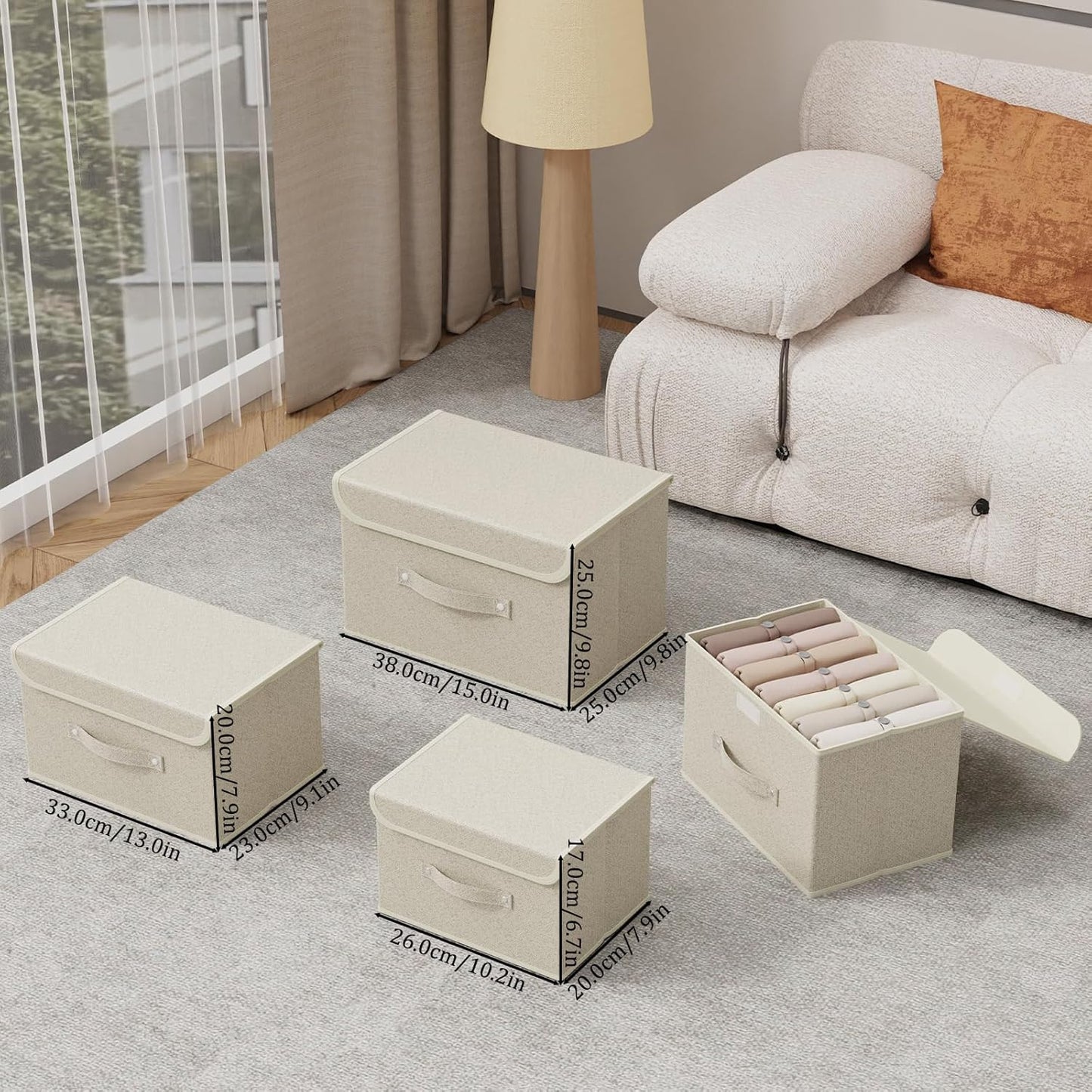 Fabric Storage Bins Cube Organizers with Flip-Top Lid and Handles,Storage Boxes for Organizing Home,Office,and Closet,Grey and Beige,3 Pack 10.2 X 7.9 X 6.7 in