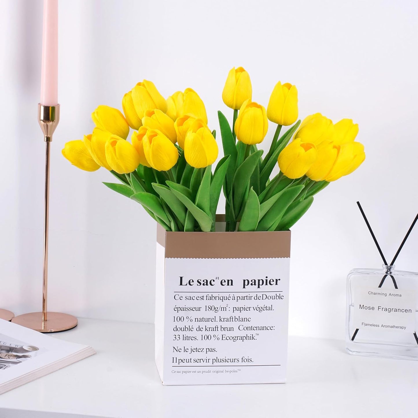 20pcs Yellow Artificial Tulip Fake Flower 12.9 Inch Spring Mother's Day Easter Gift for Home Kitchen Wedding Decoration