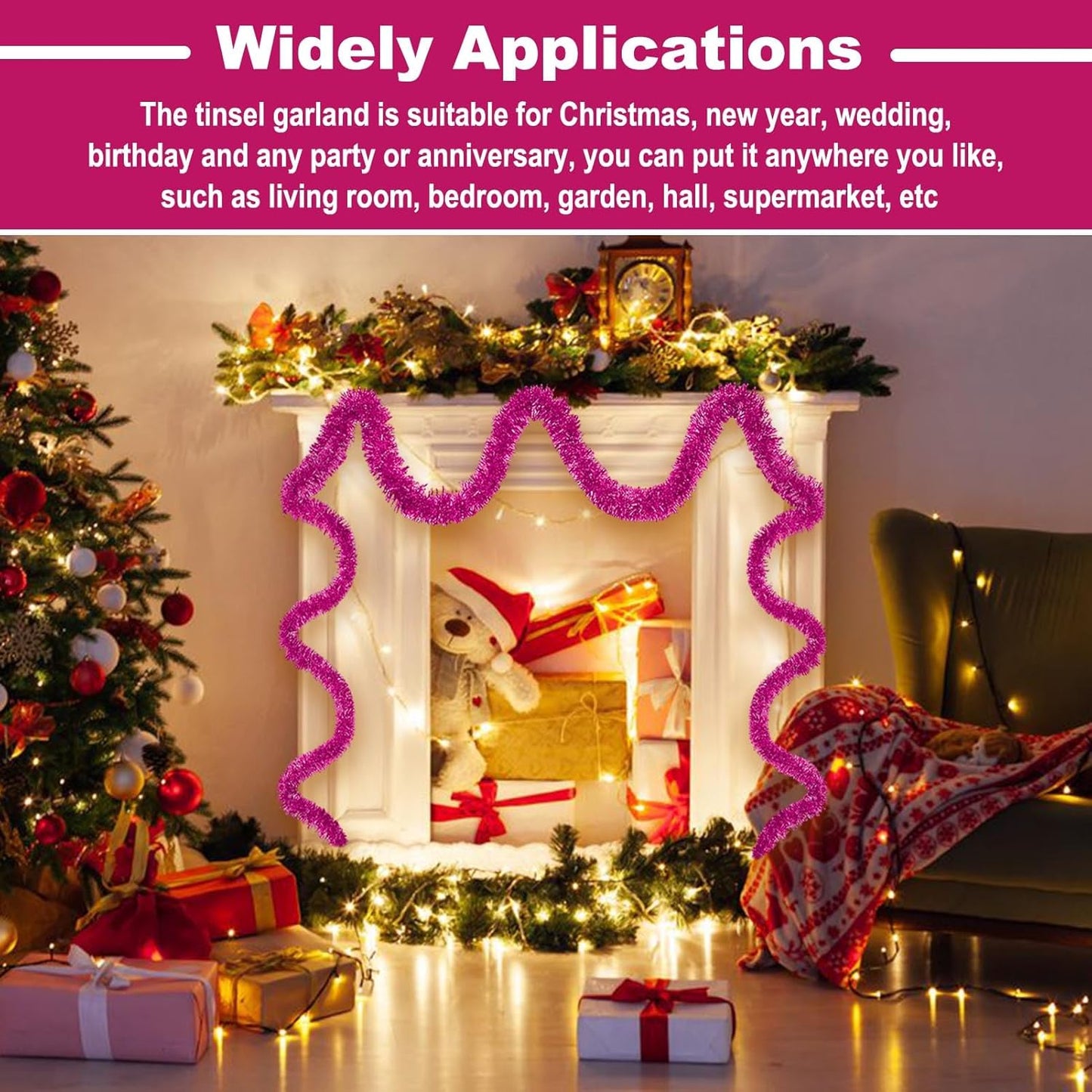 25 Feet Metallic Twist Tinsel Garland Backdrop for Parade Floats, Christmas Eve, New Year, Valentine's Day Party Decorations (Fuchsia, 4in x 25ft)