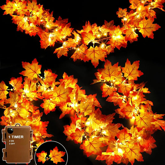 Timer & Thicker Leaves - 2 Pack Fall Garland with Lights Fall Hallowen Decorations Indoor Total 80 Leaves 40LED 13Ft Battery Operated Halloween Garland Thanksgiving Decor Home Indoor Outdoor Christmas
