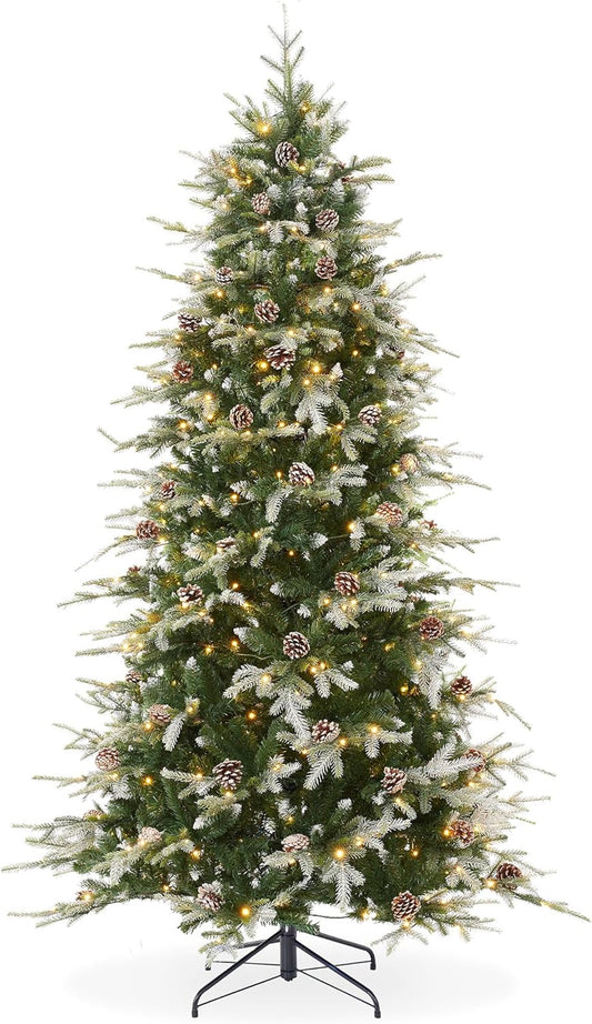 Casafield 7.5FT Pre-Lit Frosted Slim Aspen Fir Artificial Holiday Christmas Tree with White & Multicolored LED Lights, Partially Flocked Realistic Noble Fir with Metal Stand