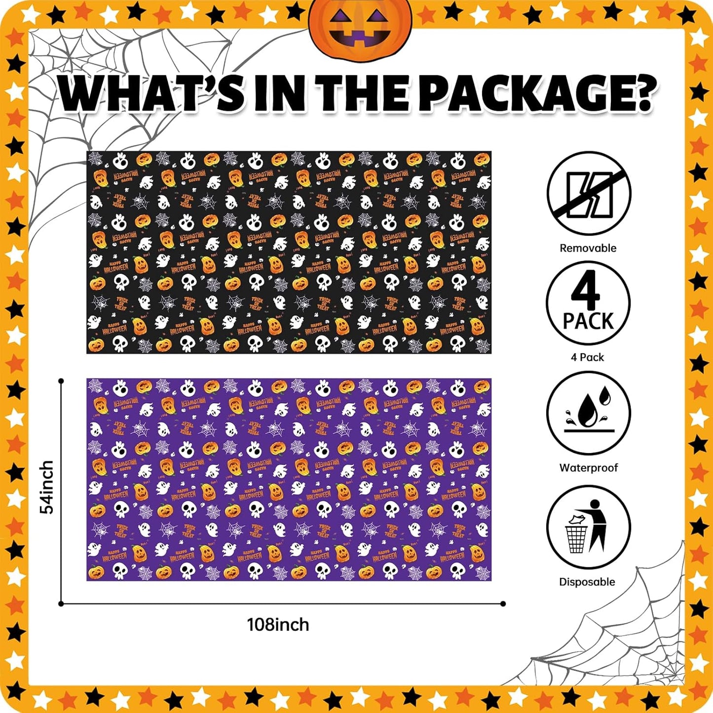 ATFUNSHOP 4 Packs Halloween Tablecloth Disposable Table Cover 54X108 Halloween Decorations Kids Birthday Party Decor for Kids, Spooky Waterproof Spillproof Table Cloth - Perfect for Dinner