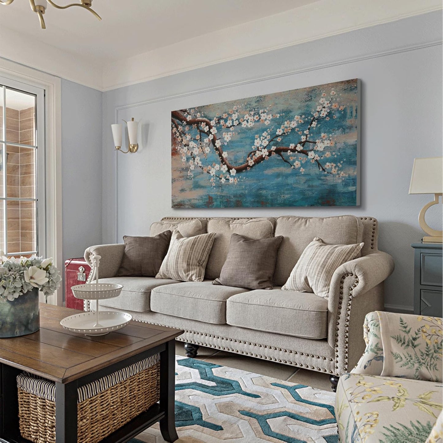 Large Canvas Wall Art for Living Room- 100% Hand-Painted Oil Painting with Texture, Extra Large Gallery Wrapped Floral Plum Blossom Tree Artwork Blue Teal Lake Wall Picture for Bedroom, Office Decor