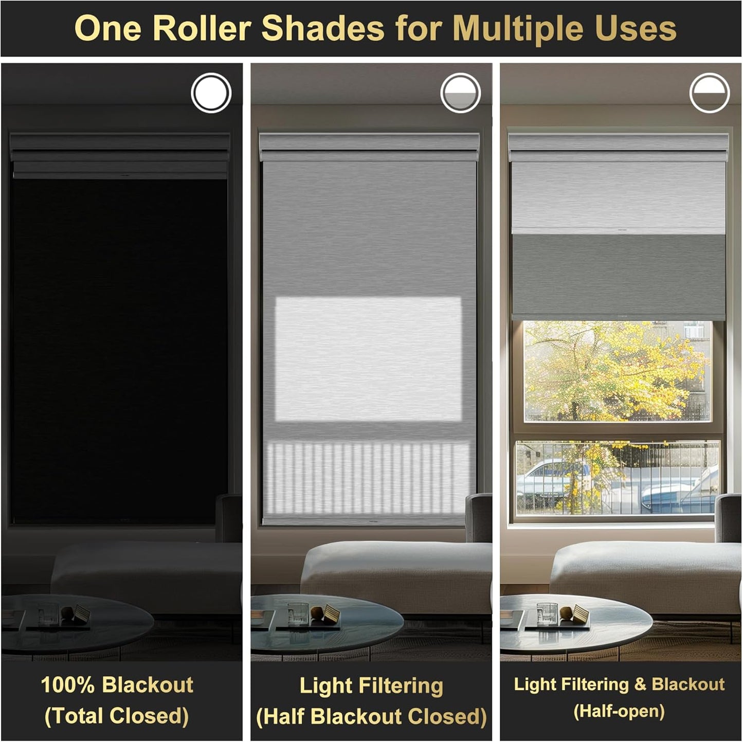 BERISSA Cordless Dual Roller Shades with Cassette Valance, Double Window Shades - Blackout and Light Filtering, Day and Night for Home Office Door. Grey and White. 47 W x 44" H