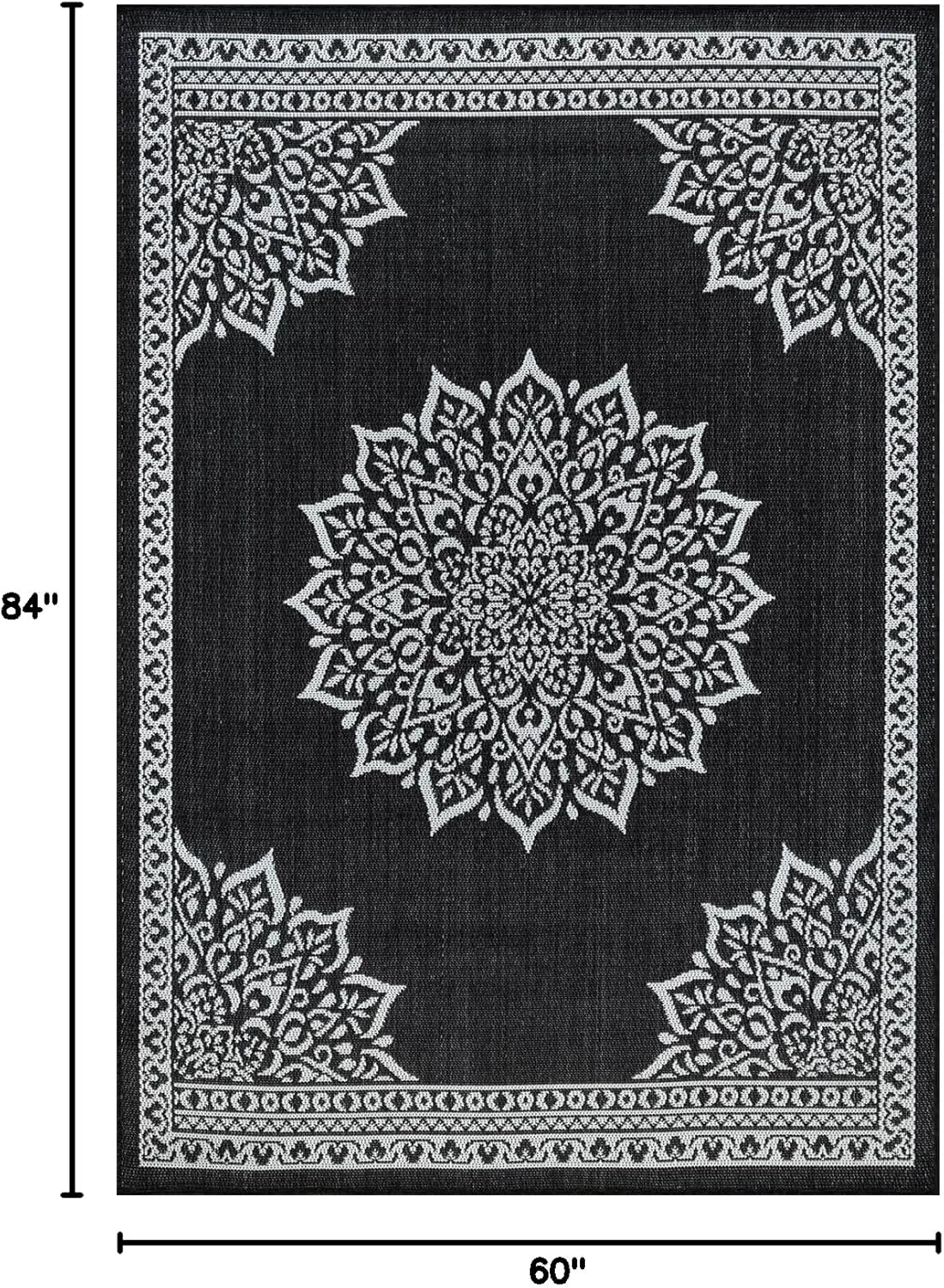 CAMILSON Outdoor Rug, 5x7 Medallion Black White Modern Area Rugs for Indoor and Outdoor Patios, Kitchen and Hallway Mats, Washable Porch Deck Outside Carpet (Medallion Black, 5 x 7)