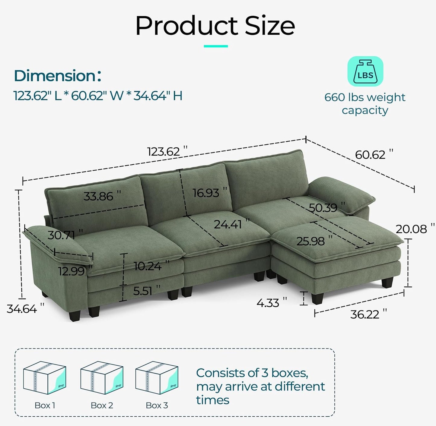 LINSY HOME Modular Sectional Sofa - 123'' Oversized Corduroy Cloud Couch L Shaped Couch with Movable Ottoman Soft Modern Comfy Sofa for Living Room Apartment Office, Green
