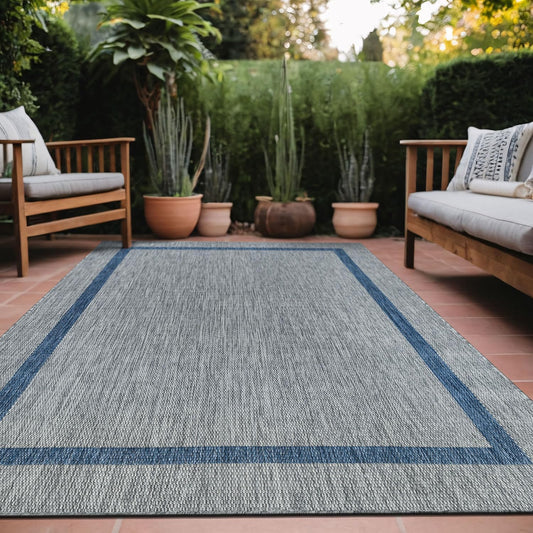 Bordered Outdoor Rug 5x7 Washable Outside Carpet for Indoor Patio Porch Waterproof Easy Cleaning Non Shedding Area Rugs Silver Gray - Blue 5 x 7