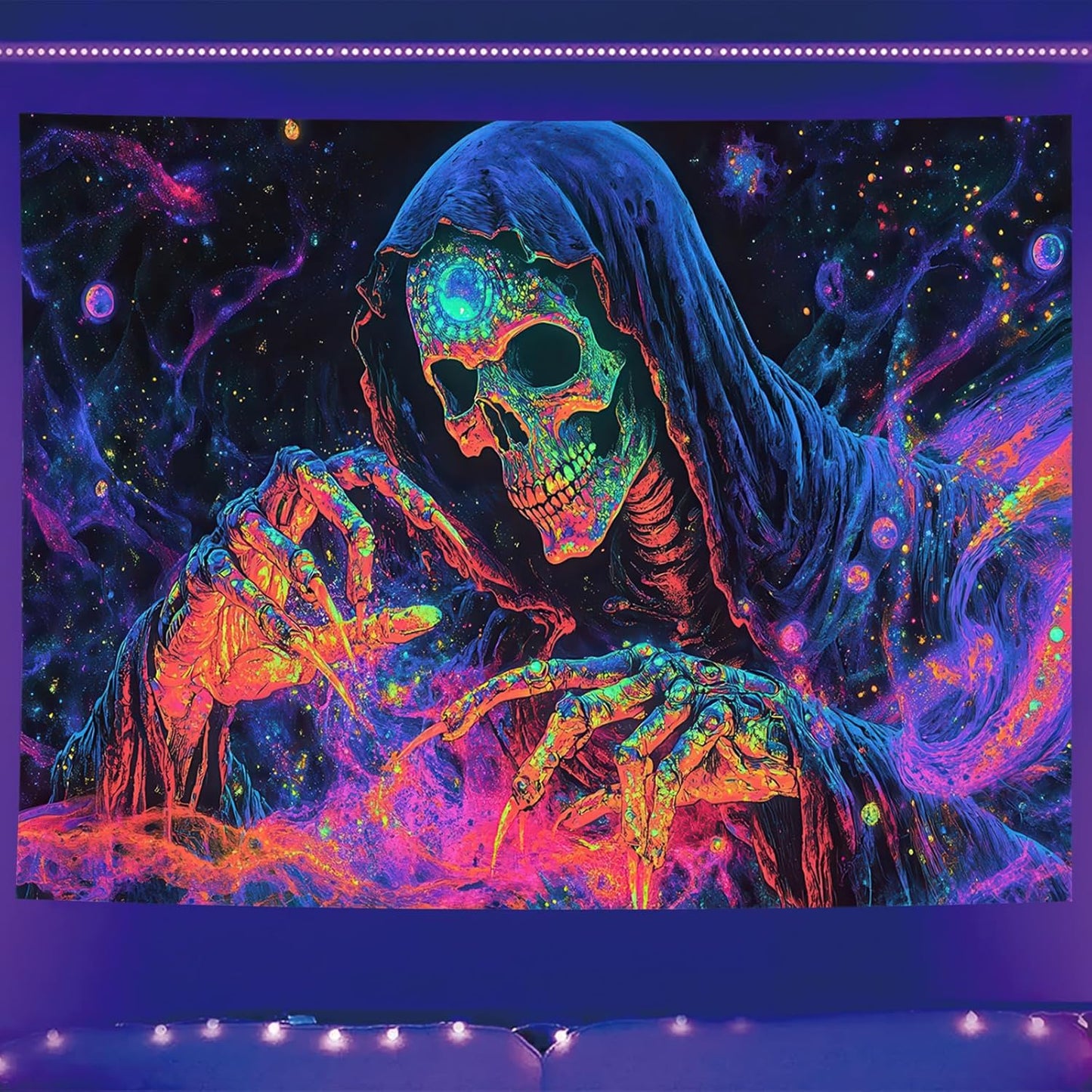 Starlit Patio Blacklight Skull Tapestry Skeleton UV Reactive Glowing Grim Reaper Wall Hanging Trippy Neon Skeleton Art Tapestry for Bedroom Living Room Dorm Aesthetic Gothic Horror Decor 78 x 59 Inch