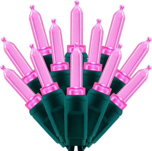 100 Pink One-Piece LED Christmas Lights, 33 ft Green Cord High Waterproof UL Certified T5 Outdoor String Lights (Pink)