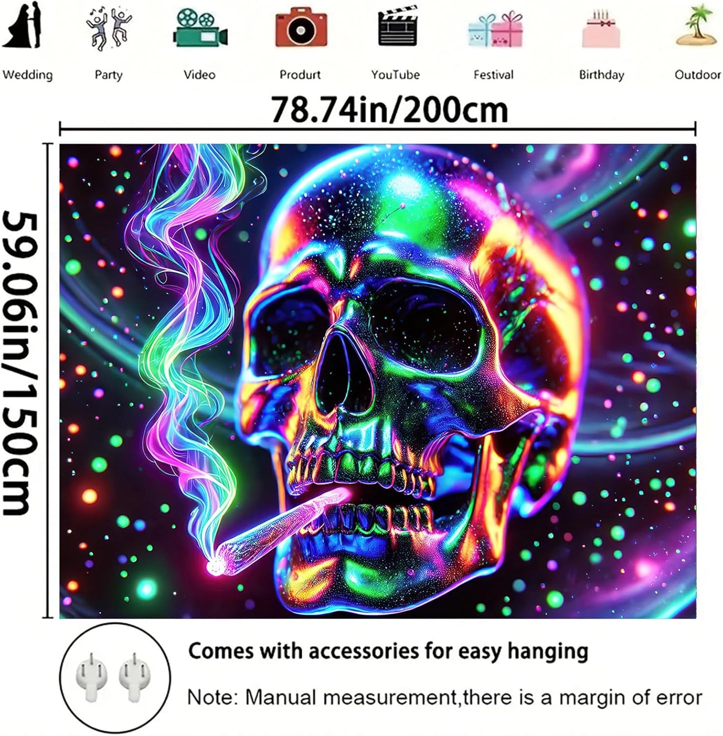 Starlit Patio Blacklight Skull Tapestry UV Reactive 78 x 59 Inch Glow In The Dark Tapestry Halloween Funny Skeleton Tapestries Posters Wall Hanging for for Bedroom Living Room Dorm