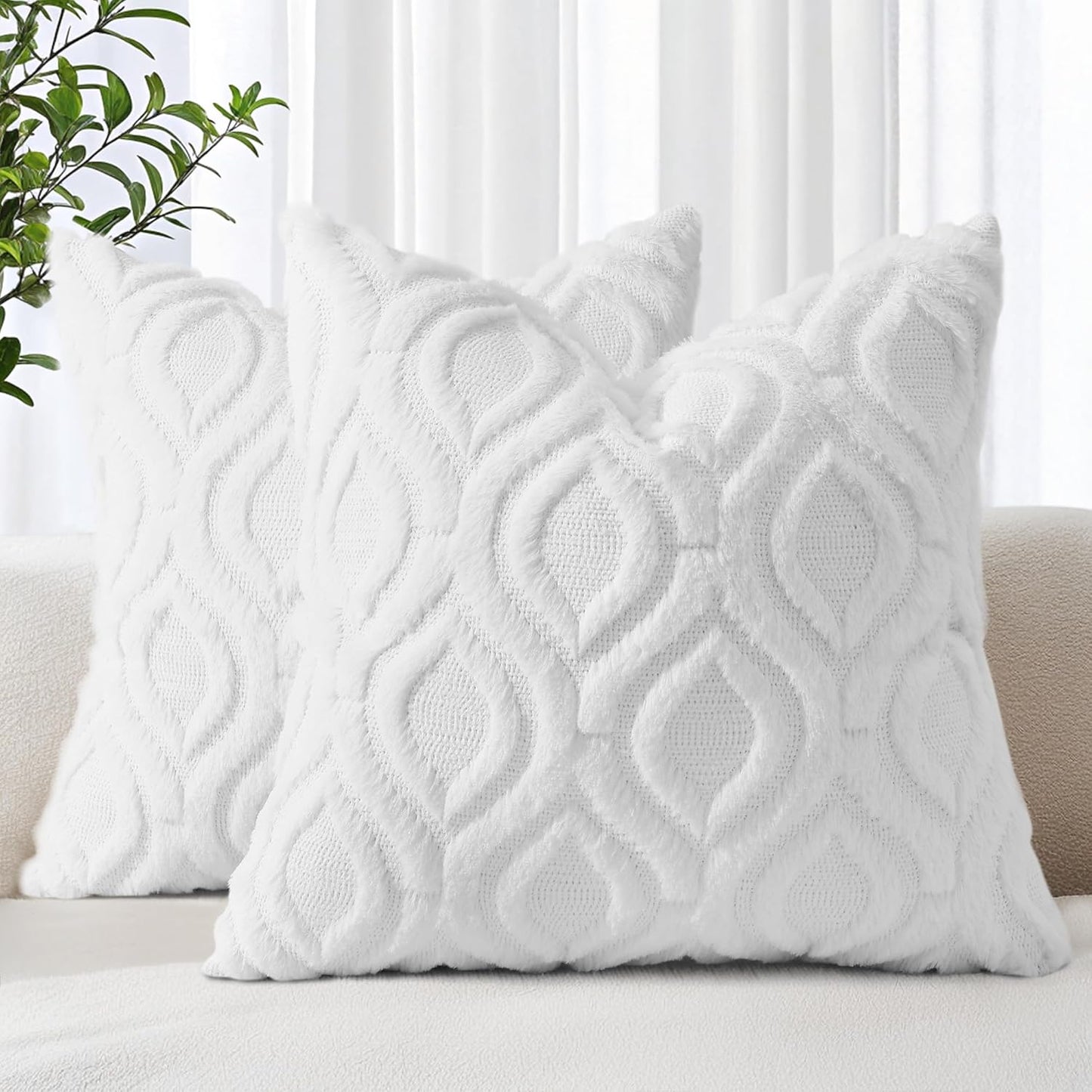 decorUhome Fall Throw Pillow Covers 22x22 Inch Set of 2, Soft Plush Decorative Faux Fur White Solid Couch Pillow Covers, Accent Farmhouse Neutral Square Euro Pillow Cases for Sofa Bed Living Room