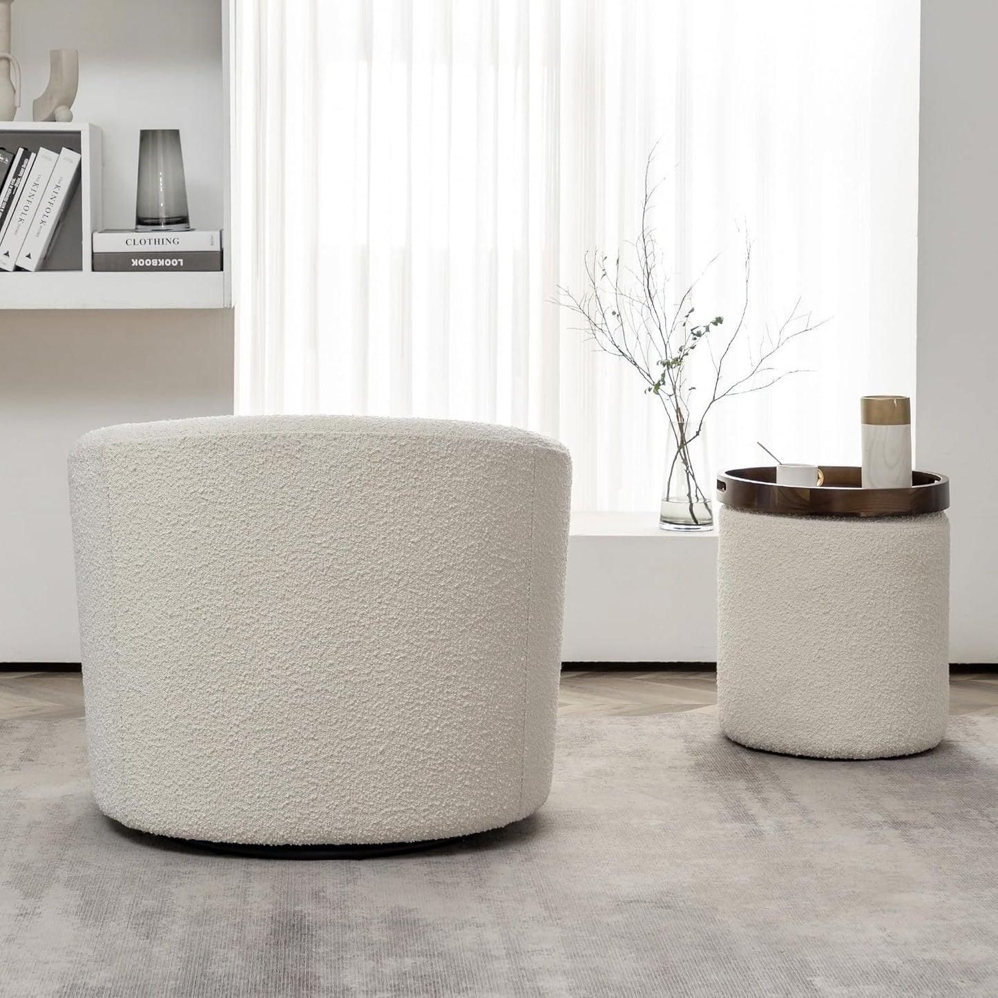 KINWELL 34" Boucle Swivel Barrel Chair with 18" Round Ottoman Set, Fully Assembled Set of Sherpa Accent Chair and Footrest, Modern Comfy Armchair and Footstool for Living Room and Bedroom, Cream