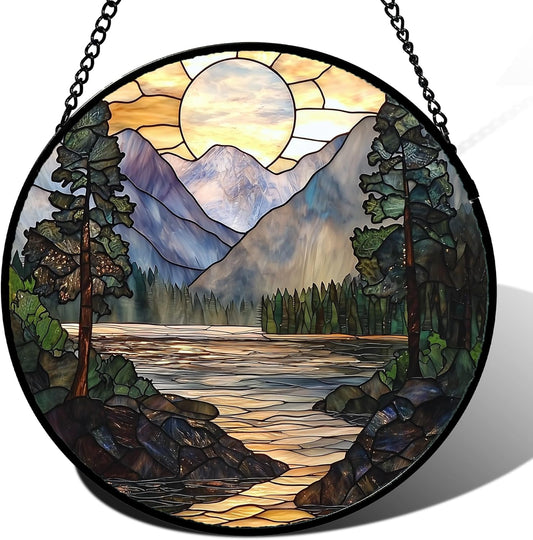 Stained Glass Window Hanging, Sunset Mountains Lake Tree Sun Catcher for Window Home Decor Landscape Suncatcher Mother's Day Birthday Gifts for Women Men Mom and Nana 7.8 in