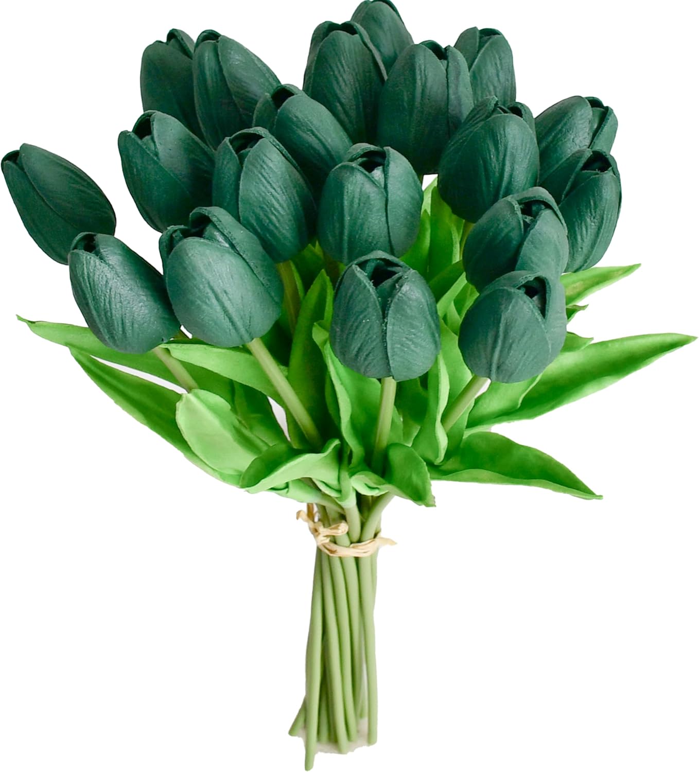 Mandy's Artificial Tulips 20 Stems Dark Green PU Faux Flowers for Wedding Home Decor 13.5 Inch