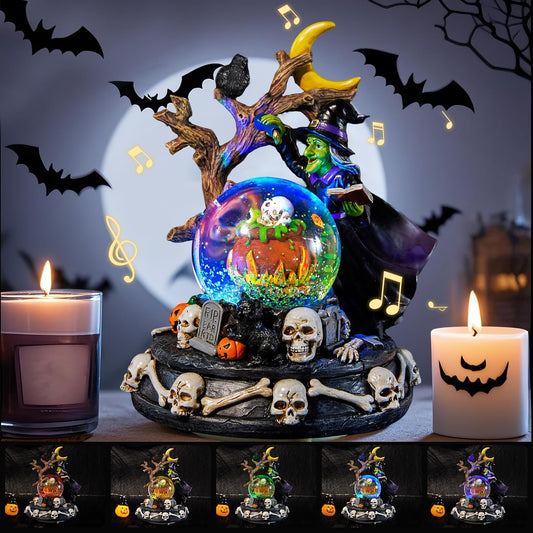 Halloween Snow Globe Lantern with Music - Lighted Witches, Ravens, Pumpkins & Black Cat Glitter Lantern, Witch Black Cat Halloween Decorations Indoor for Spooky Party Home Décor