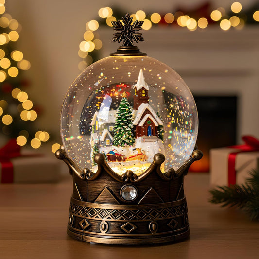 Christmas Snow Globe Lantern Water Glittering Village & Santa Crown with Music, USB Lined/Battery Operated Lighted Lantern for Christmas Festival Decoration Gifts