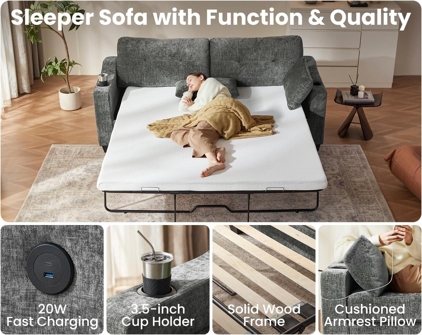 Pull Out Sofa Bed, Full Size Sleeper Sofa, 2-in-1 Convertible Corduroy Couch with USB Charging, Memory Form Couch for Living Room, Apartment and Small Space (Dark Grey, Chenille - Queen Size)
