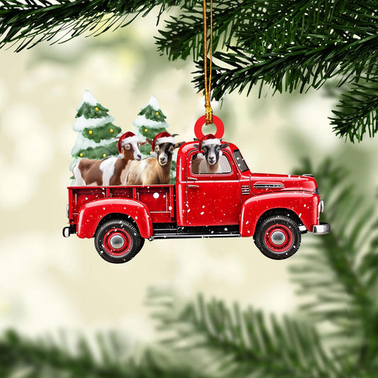 Talataca Goat Red Christmas Truck Pine Tree Farm Animal Lover 2D Flat Car Rear View Mirror Accessories Christmas Tree Ornament Decoration Hanging Charm Interior Rearview Pendant Decor Gift
