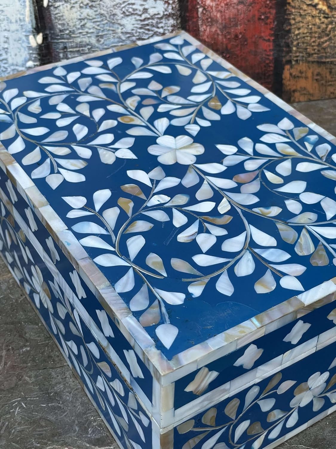 Decorative Storage Box Of Mother Of Pearl Inlay Floral Design Wooden Storage Box For Home Decoration For Living Dining & Bedroom (Navy Blue_12x8x5 inch)