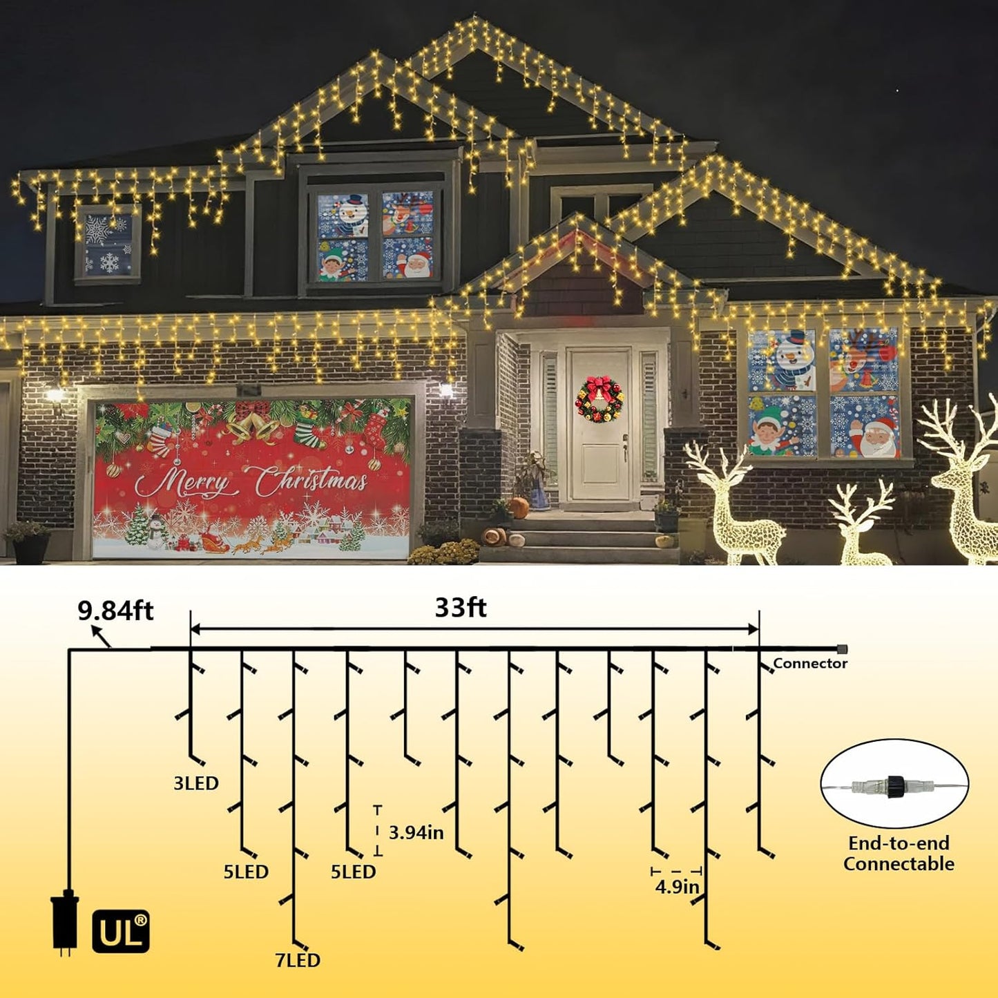 QITONG Warm White Icicle Lights for Outside, 33ft 400 LED Christmas Lights Indoor with 8 Modes, Clear Wire Connectable String Lights Plug in